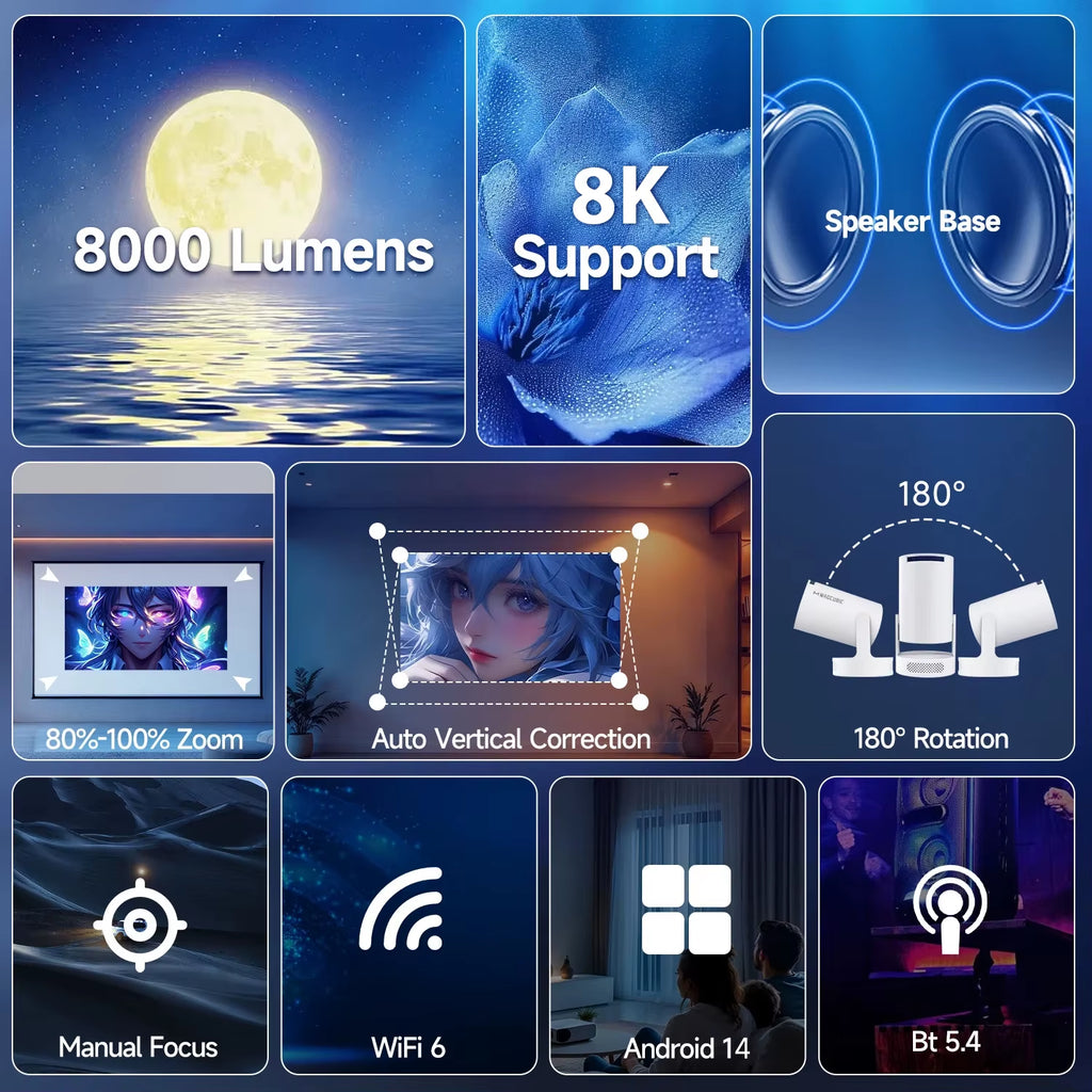 8K HY300 Pro + Projector Built in 5W Speaker 1280*720P Android 14 8000 Lumens Wifi6 BT5.4 Outdoor Portable Projector
