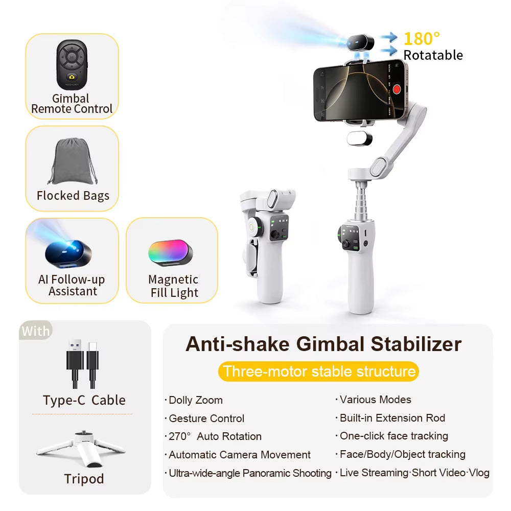 3-Axis Handheld Gimbal Phone Stabilizer with Extension Rod 8.0 anti Shake Face Tracking for Phone Outdoor Shooting Vlog