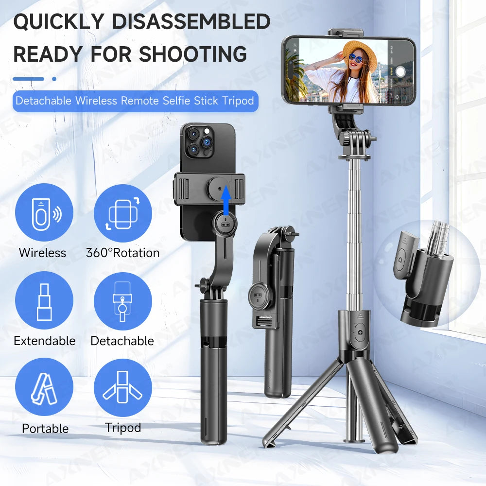 Selfie Stick Tripod with Detachable Bluetooth Remote, 360° Rotation,Extendable Pole, Fill Light Option, for Iphone Android Phone