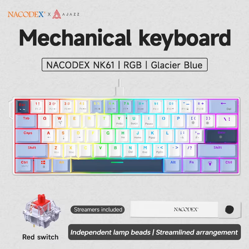 NK61 Wired Gaming Mechanical Keyboard 60% RGB Hot-Swappable 61 Keys Red Switch Mini Keyboard for Gamer PC