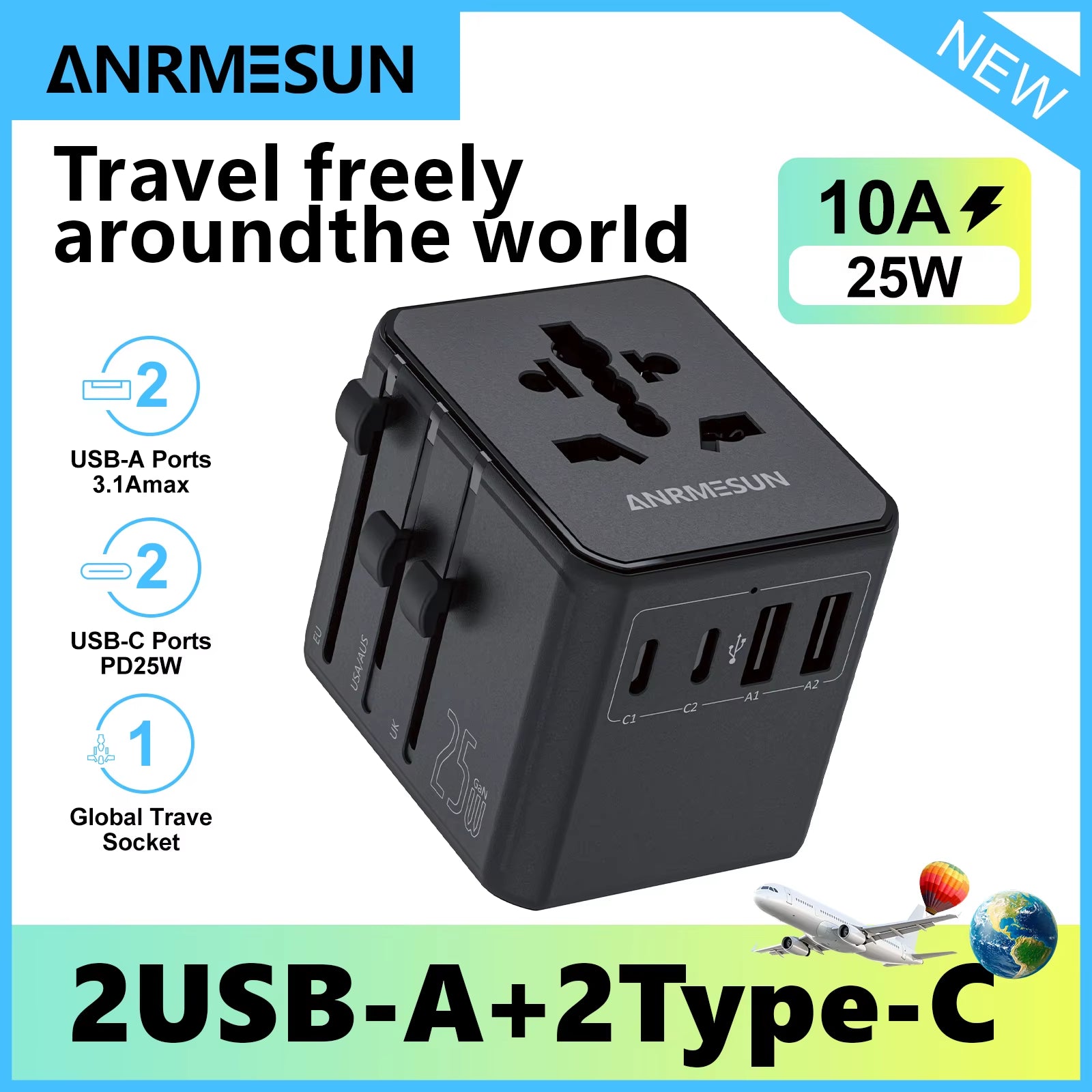 Universal Travel Adapter with 4 AC Outlets Max 2400W 2 USB Port 2 Type-C PD 65W Ports All-In-One Fast Charging EU UK US AUS Plug
