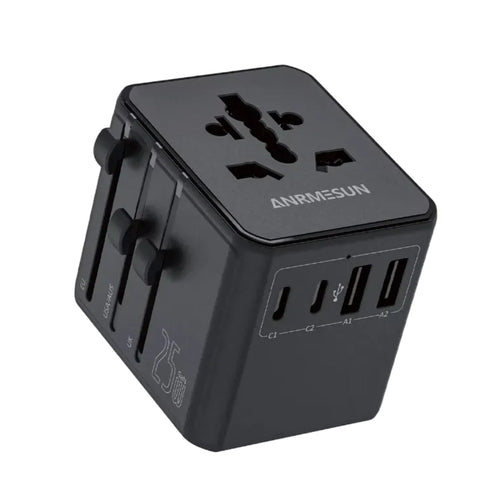 Universal Travel Adapter with 4 AC Outlets Max 2400W 2 USB Port 2 Type-C PD 65W Ports All-In-One Fast Charging EU UK US AUS Plug
