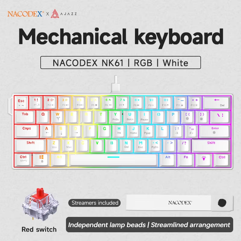 NK61 Wired Gaming Mechanical Keyboard 60% RGB Hot-Swappable 61 Keys Red Switch Mini Keyboard for Gamer PC