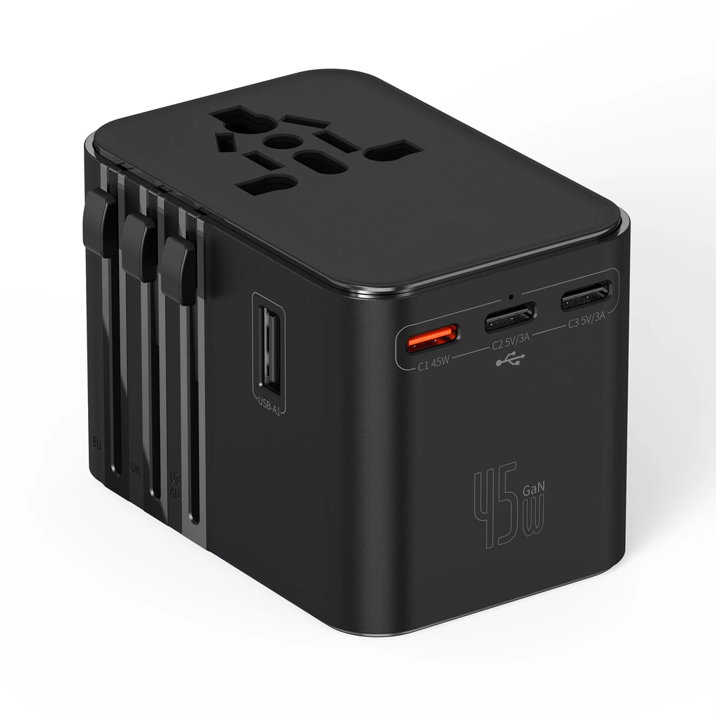 Universal Travel Adapter with 4 AC Outlets Max 2400W 2 USB Port 2 Type-C PD 65W Ports All-In-One Fast Charging EU UK US AUS Plug
