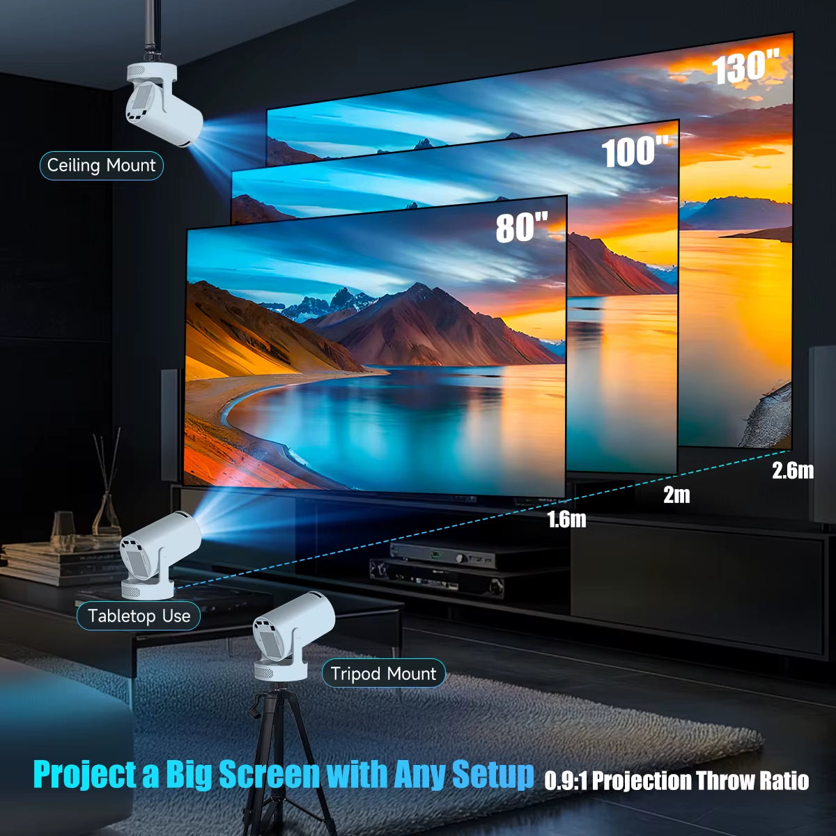 8K HY300 Pro + Projector Built in 5W Speaker 1280*720P Android 14 8000 Lumens Wifi6 BT5.4 Outdoor Portable Projector