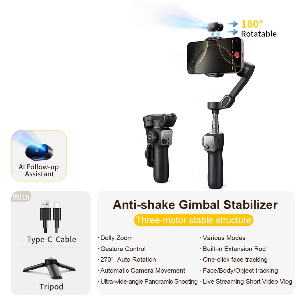 3-Axis Handheld Gimbal Phone Stabilizer with Extension Rod 8.0 anti Shake Face Tracking for Phone Outdoor Shooting Vlog