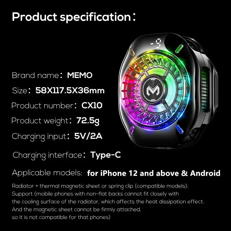 MEMO CX10 Semiconductor Phone Cooler with RGB Lights Magnetic Clip on Ice-Freezing Strong Cooling for Gaming & Live Streaming