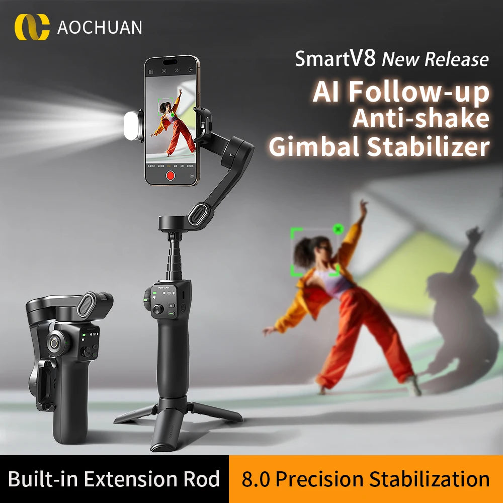 Handheld Gimbal Stabilizer 3-Axis Smart V8 for Phone with Extension Rod Tripod Face Tracking for Iphone Android Tiktok