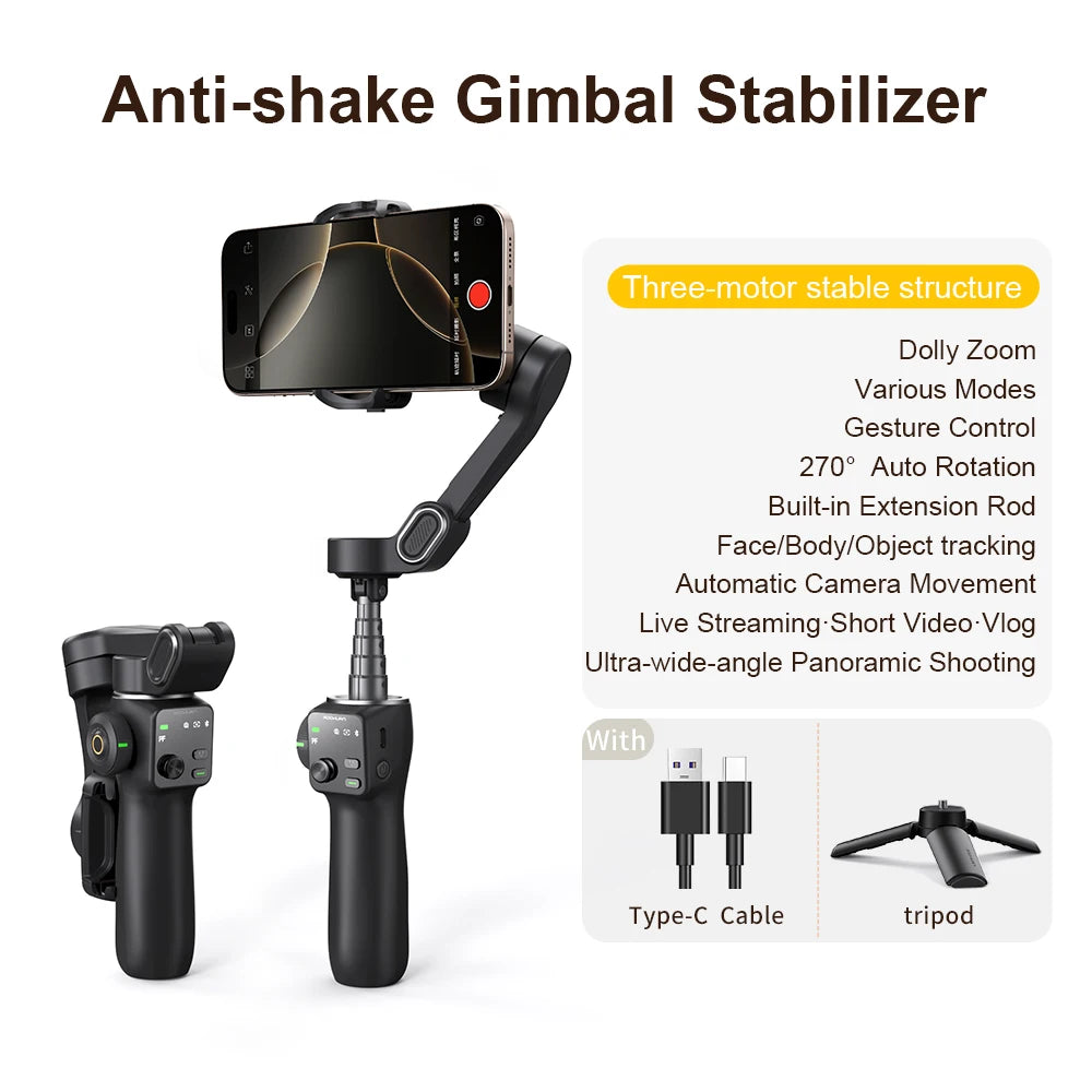 Handheld Gimbal Stabilizer 3-Axis Smart V8 for Phone with Extension Rod Tripod Face Tracking for Iphone Android Tiktok