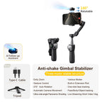 Handheld Gimbal Stabilizer 3-Axis Smart V8 for Phone with Extension Rod Tripod Face Tracking for Iphone Android Tiktok