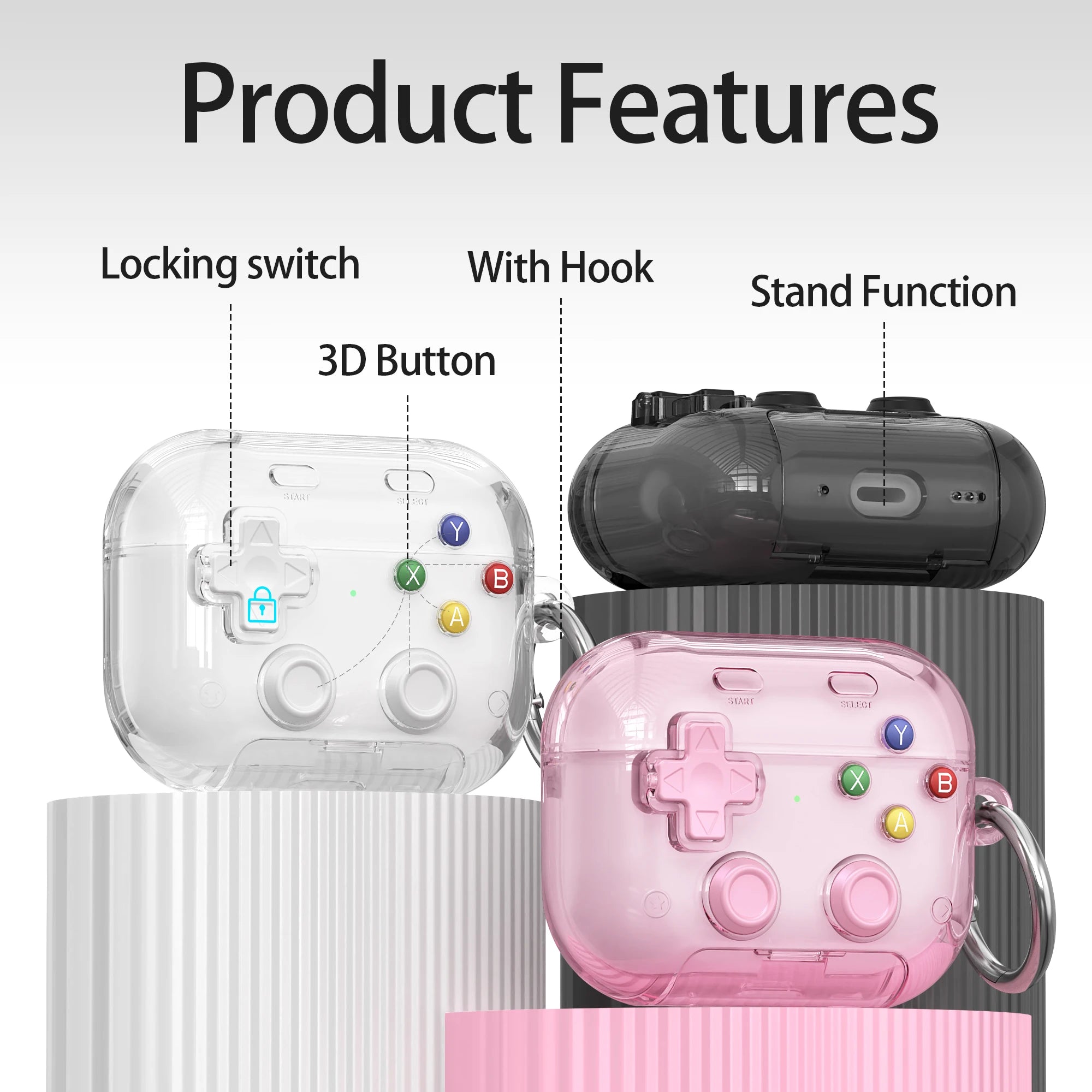 Hard Shell Game Console Design for Airpods Pro 3 2 1 Airpods 4 Case with Secure Lock Clip Protective Cover Headphone Accessories