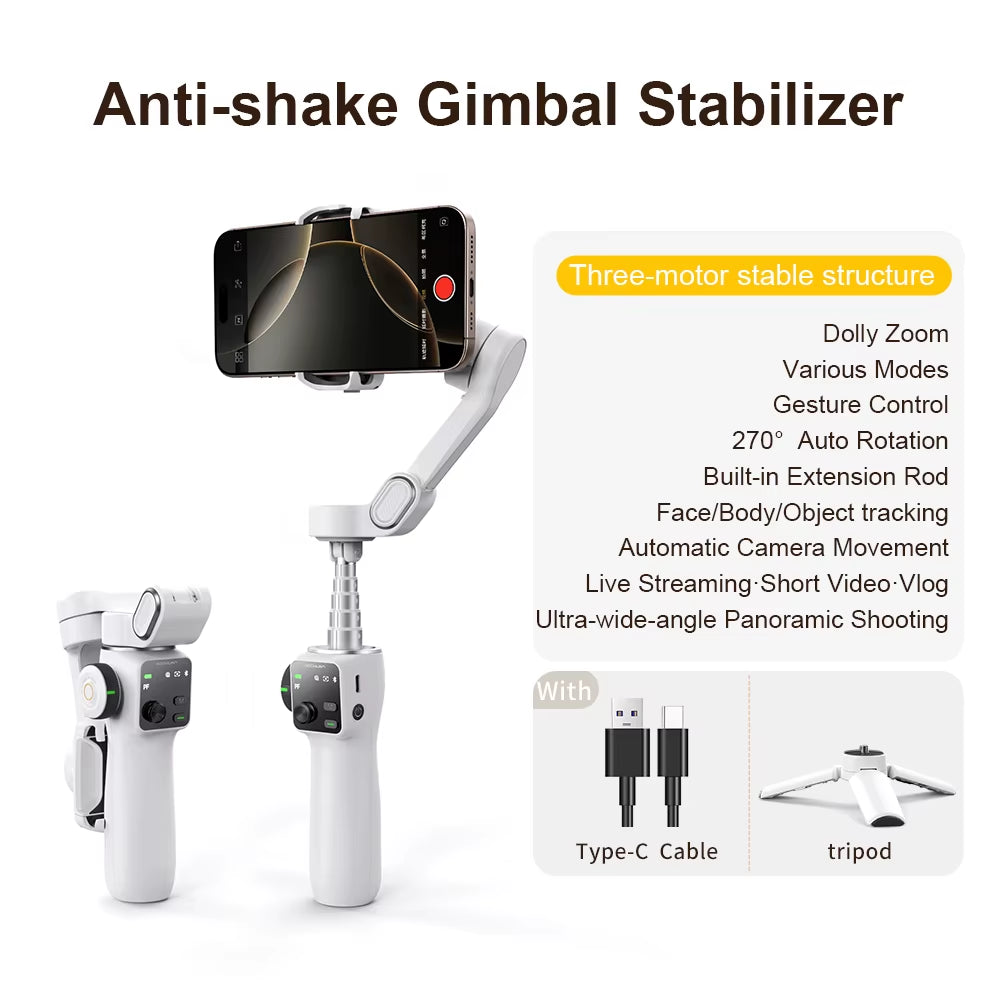 3-Axis Handheld Gimbal Phone Stabilizer with Extension Rod 8.0 anti Shake Face Tracking for Phone Outdoor Shooting Vlog