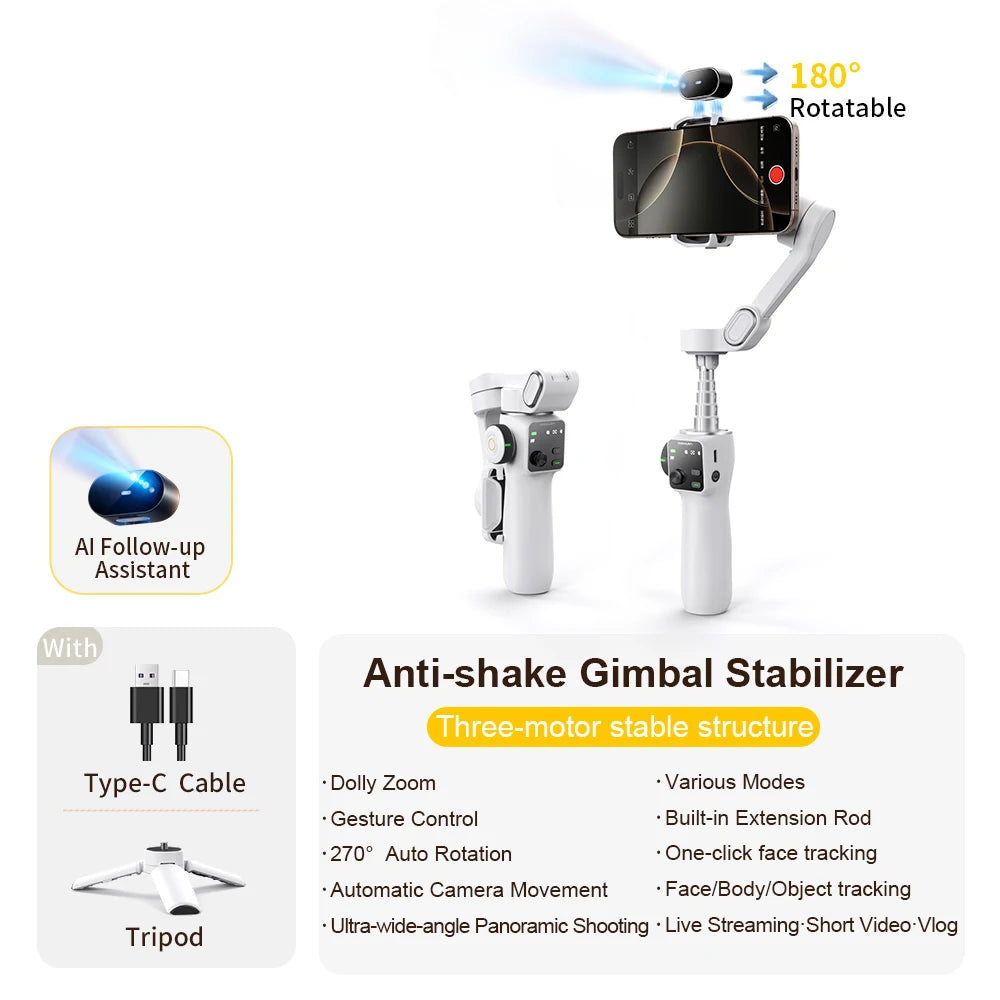 Handheld Gimbal Stabilizer 3-Axis Smart V8 for Phone with Extension Rod Tripod Face Tracking for Iphone Android Tiktok