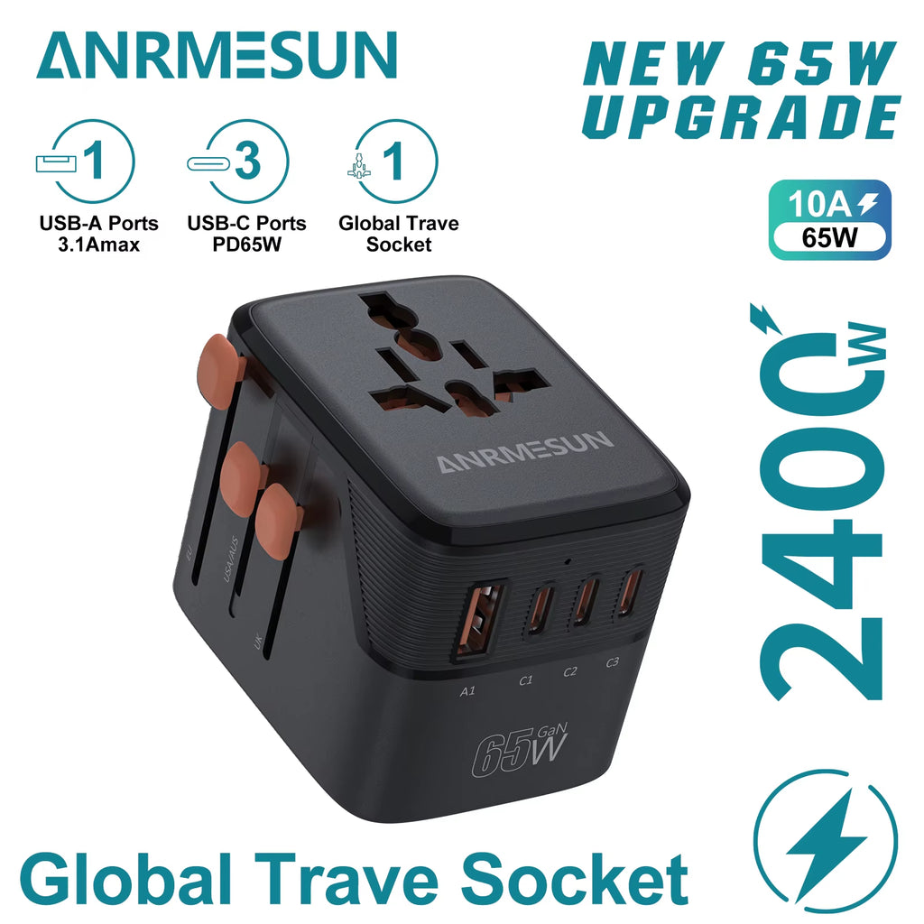Universal Travel Adapter with 4 AC Outlets Max 2400W 2 USB Port 2 Type-C PD 65W Ports All-In-One Fast Charging EU UK US AUS Plug